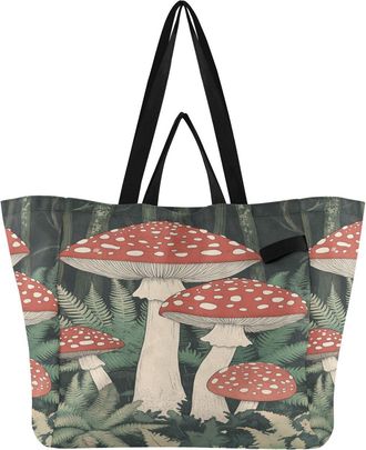 Generic Mushroom Green Grass pattern Reusable Canvas Tote Bag, Heavy Duty Grocery Shopping Bag with Hard Bottom Large Capacity Double Handles Work Groceries T