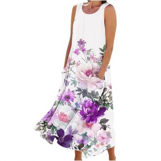 Generic Womens Floral Print Summer Dresses Crew Neck Sleeveless Solid Maxi Dress Vacation Beach Casual Sundress Purple Travel Outfit Women XXL
