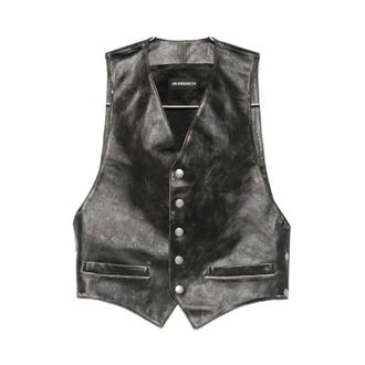 Ann Demeulemeester Vests, male, Black, Size: XL Black Leather Sleeveless Outerwear