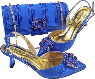 Generic Women Heels Elegant Color Block Design Brown Shoes And Bag Full Rhinestone Party Bag