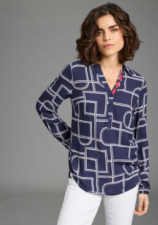 Laura Scott Longbluse LAURA SCOTT, Damen, Gr. 34, marine gemustert, Web, Obermaterial: 100% Viskose, h&uuml;ftbedeckend, V-Ausschnitt, elastischer Bund, Blusen Longblu