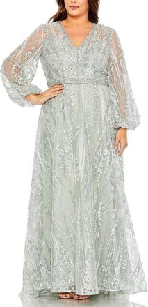Mac Duggal V Neck Puff Sleeve Embroidered A Line Gown in Seamist at Nordstrom, Size 20W