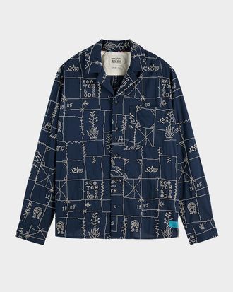 Maison Scotch Mens Allover Embroidered Button-Down Shirt