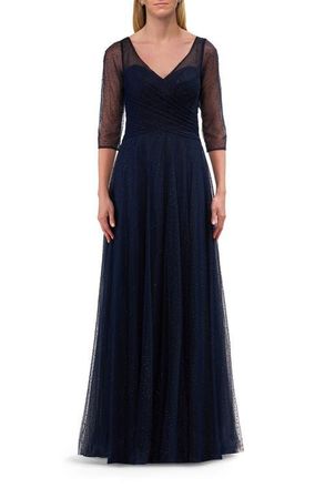La Femme Rhinestone Tulle Gown with Full Skirt and Ruched Bodice in Navy at Nordstrom, Size 10