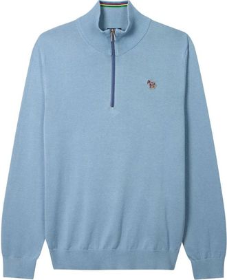 Paul Smith Quarter Zip Zebra Badge Jumper - male - Paul Smith - Turtlenecks - Blue - 2XL - Knitwear