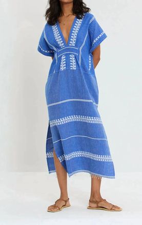 Lemlem Gasira V-Neck Caftan Dress In Tebibi Blue