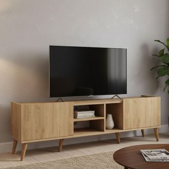Dmora Mueble Tv Alberona, Un Estante, 2 Puertas, 3 Espacios, 180x34x52h Cm Roble Marr&oacute;n