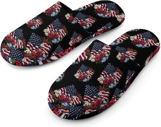 Generic Rose Daisy Flower U.S. Flag Mens Cotton Slippers Memory Foam Comfort House Shoes Winter Indoor Slipper for Hotel Casa Spa