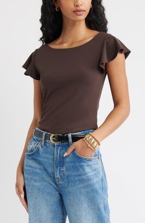 Open Edit Flutter Sleeve Top in Brown Seal at Nordstrom, Size Xx-Small