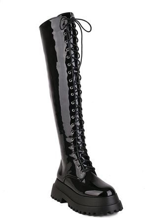 Generic Womens Lace Up Thigh High Boots with Side Zipper Round Toe Platform Long Boots Patent Leather Gothic Punk Boot,Black1,3.5 UK