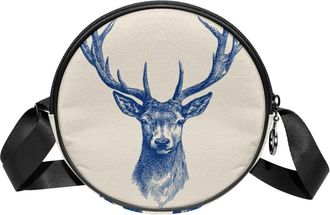 Generic Circle Crossbody Bag for Women, Horned Deer Head Small Sling Bag Daypack with Zipper Adjustable Shoulder Straps Casual Ladies Girls Round Purse