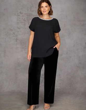 Live Unlimited London Womens Black Velvet Wide Leg Trouser - Size: 12