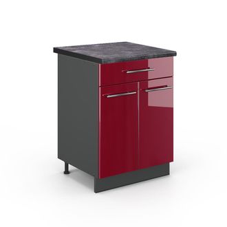 Vicco Mueble Bajo De Cocina Fame-line, Rojo Burdeos Alto Brillo, 60 Cm Con Caj&oacute;n, Et Antracita Vicco