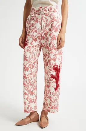 Cinq &agrave; Sept Deyo Floral Ribbons Bead Fringe Detail Stretch Cotton Pants in Cherry Rose Multi at Nordstrom, Size 12