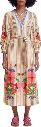 Boden Octavia Cotton Midi Dress in Multi Embroidery Stripe at Nordstrom, Size 10