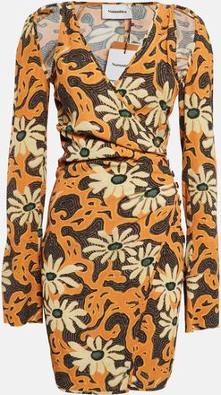 Nanushka Orange Floral Print Crepe Cut-Out Mini Wrap Dress