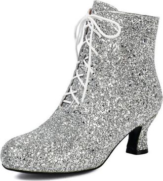 Generic Womens Lace Up Glitter Evening Party Ankle Boots with Chunky Heel,Silver,5.5 UK