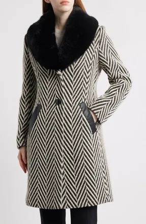 Via Spiga Herringbone Coat with Faux Fur Collar in Jumbo Herringbone at Nordstrom, Size Small