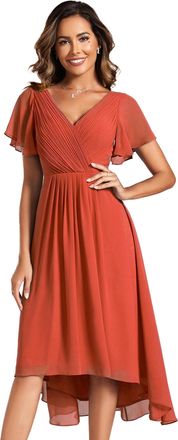 Ever-pretty Cocktail Dress Prom V-Neck A-Line Dress Ruffles Sleeve Knee Length for Prom Homecoming Burnt Orange 20UK