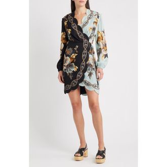 Farm Rio Snake Garden Mix Print Long Sleeve Wrap Dress in Black at Nordstrom Rack, Size Xx-Small