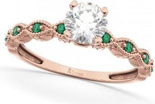 Allurez Vintage Lab Grown Diamond & Emerald Engagement Ring 18k Rose Gold 0.50ct