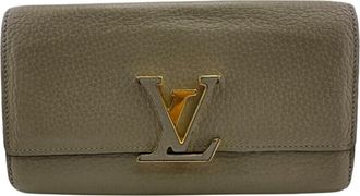 Louis Vuitton Beige Gray Leather Long Wallet (Bi-Fold) (Pre-Owned)