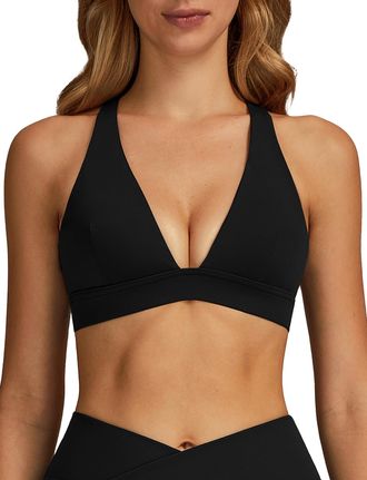 Feoya Women Deep V Neck Sports Bra Backless Butterluxe Padded Wireless Gym Yoga Bra Criss Cross Fitness Workout Crop Top Black S