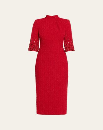 Badgley Mischka Mock-Neck Beaded Shimmer Tweed Midi Dress