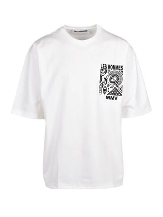 Les Hommes White Graphic Print Cotton-Blend T-Shirt