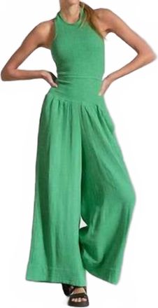 Elan Smocked Halter Wide Leg Jumpsuit In Green