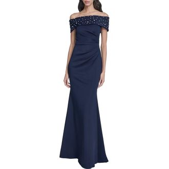 Eliza J Imitation Pearl Off the Shoulder Ruched Gown in Navy at Nordstrom, Size 10