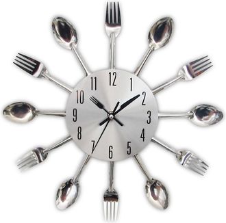 OEM Reloj De Cocina Con Efecto Espejo, Incluye Cuchara, Tenedor Y Pegatina 3d Extra&iacute;ble Para Decoraci&oacute;n, 32 X 32 X 4 Cm, Plata Metalizada