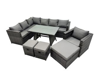 Fimous 10-seater Outdoor PE Rattan Sofa Set with with Chair 3 Stools in Dark Grey
