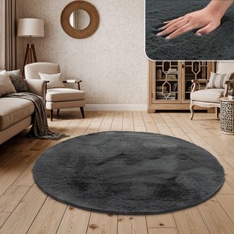 Paco Home Paco Home - Alfombra Pelo Largo Sal&oacute;n Sint&eacute;tica Suave Monocolor Diferentes Colores Y Tama&ntilde;os &Oslash; 120 Cm Redondo, Gris Oscuro