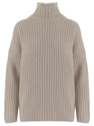 Allude Beige Patterned Knit Turtleneck Cashmere-Silk Sweater