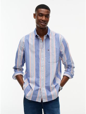 Tommy Hilfiger Mens Classic Fit Multistripe Oxford Shirt - Wedge Blue - XXL