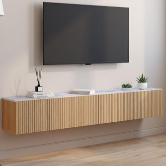 IDMarket Mueble Tv Suspendido Juliette 180 Cm Con 2 Puertas, Encimera Efecto M&aacute;rmol, Listones De Madera Color Roble