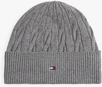 Tommy Hilfiger Mens Cable Knit Wool-Cotton Blend Beanie - Grey