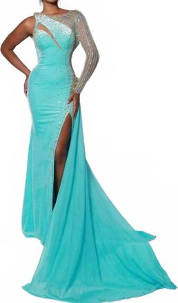 Johnathan Kayne One Shoulder Open Back Evening Gown In Sky Blue
