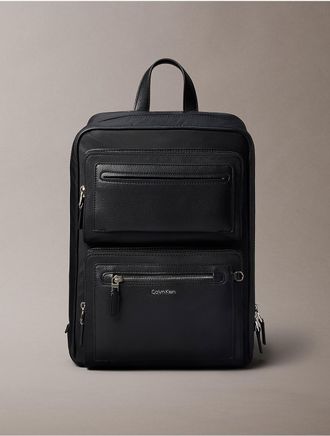 Calvin Klein Mens Hardware Logo Mixed Double Pocket Backpack - Black