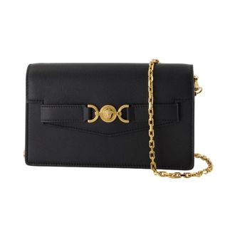 Versace Cross Body Bags, female, Black, Size: ONE SIZE Black Leather Wallet On Chain
