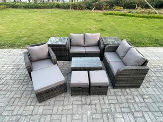 Fimous 8 Seater High Back Rattan Garden Furniture Set with Loveseat Sofa Coffee Table 3 Footstools 2 Side Tables Indoor Outdoor Patio Lounge Sofa Set