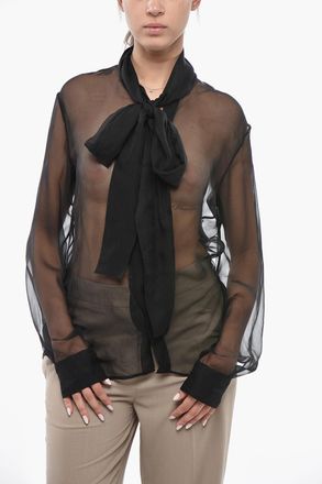 Dsquared2 Camicia in Chiffon di Seta Trasparente con Colletto da Annodare Dsquared2