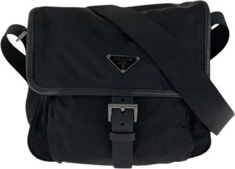 Prada Pre-owned Nylon Leather Tessuto Triangle Logo Messenger Bag - Dames - Vintage Schoudertas - Zwart - ONE Size - Nylon - Vintage