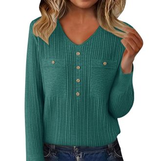 Generic Anthropologie Sweater, Ribbed Sweaters for Women V Neck Long Sleeve Pullover Tops Cozy Soft Warm Fashion Business Casual Button Polo Sweater Green XL