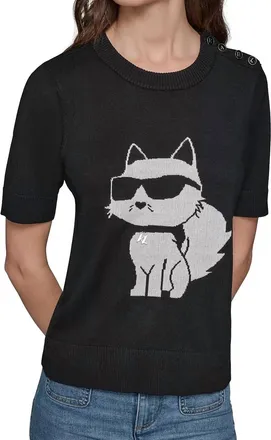 Karl Lagerfeld Choupette Button-Shoulder Top In Black