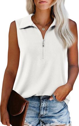 Generic Womens Summer Tops, Half Zip Polo Neck, Fashionable and Casual Ribbed Vest, Loose Fit (White,XL)