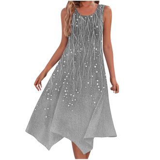 Generic Bohemian Beach Dresses for Women UK Elegant Summer Boho Sun Dresses Flowy Vintage Floral Print Sundress Holiday Casual Loose Swing Midi Dresses Round 