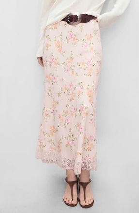 Mango Christy Floral Lace Trim A-Line Midi Skirt in Pastel Pink at Nordstrom, Size Xx-Small
