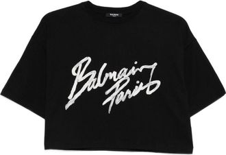 Balmain Womens Cropped T-Shirt With Flocked Letter Logo